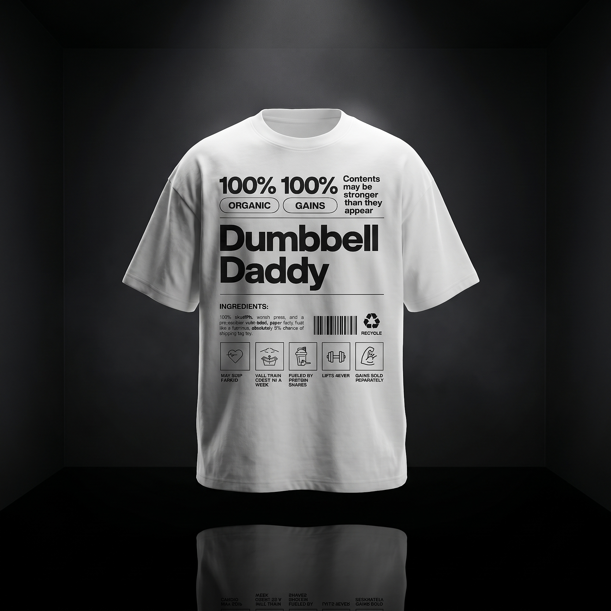 White graphic T-shirt floating in a dark studio, softly lit above with faint reflections on a glossy floor.