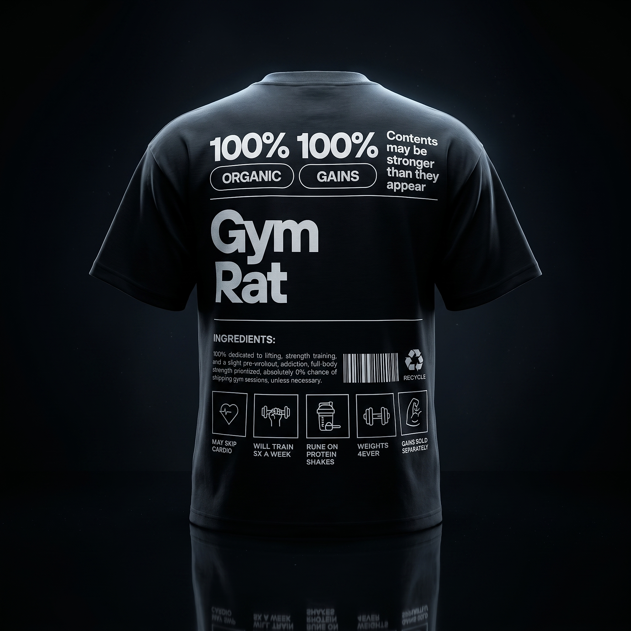 Black graphic T-shirt on a glossy dark surface, lit dramatically in a luxurious midnight studio.